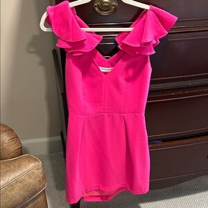 Amanda Uprichard Hot Pink Ruffle-Shoulder Mini Dress